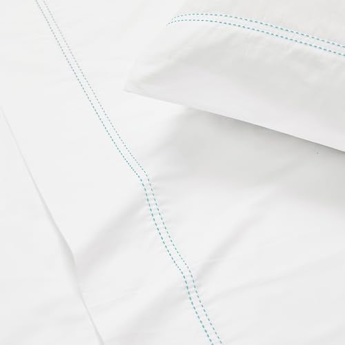 SCOUT 100% Cotton 200 Thread Count Percale Pick Stitch White/Seafoam 5-Piece Split King Sheet Set, Solid Themed, Adult Bedding, Oeko-TEX Certified