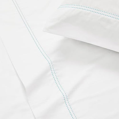 SCOUT 100% Cotton Percale Pick Stitch 2-Piece King Pillowcases in White/Seafoam, Solid Color, Oeko-TEX Certified