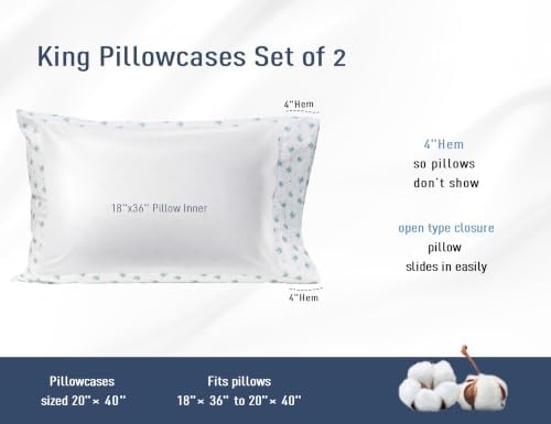 Pillow Cases 100% Cotton Percale King Size Set of 2, Blue Floral