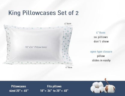 Pillow Cases 100% Cotton Percale King Size Set of 2, Blue Floral