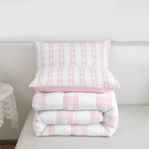 jejeloiu Pink Plaid Comforter Set Full Size Stripes Bedding Set for Kids Boys Girls Check Checkered Duvet Quilt Grid Geometric Bedroom Decor Microfiber 3 Pcs with 2 Pillow Cases