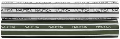 Nautica - Twin Sheet Set, Breathable & Cooling Microfiber Bedding with Matching Sham(s), Casual Home Decor (Striped Nautica Logo Grey, Twin)