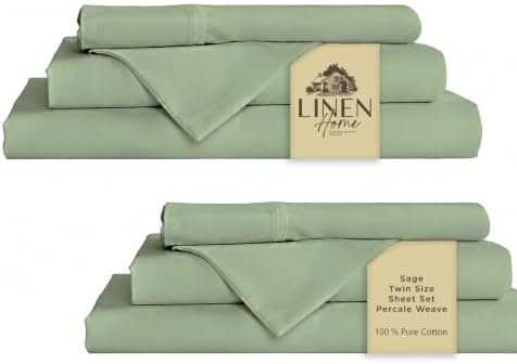 Linen Home 100% Cotton Percale Sheets Twin Size Pack of 2, Sage, Deep Pocket, 6 Pieces Set- 2 Flat, 2 Fitted and 2 Pillowcases, Crisp Cool and Long Staple Strong Bed Linen