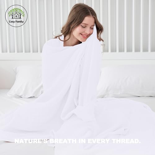 Cosy Family 6 Layer Muslin Bed Blanket - Breathable and Lightweight Gauze Boho Blanket for Spring, Soft 100% Cotton Muslin, White, 80x90 Inches
