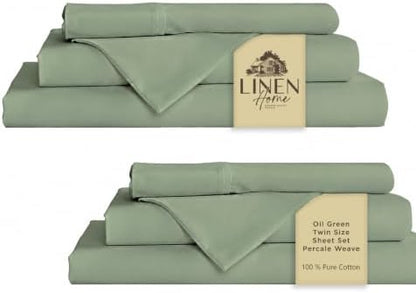 Linen Home 100% Cotton Percale Sheets Twin Size Pack of 2, Oil Green, Deep Pocket, 6 Pieces Set- 2 Flat, 2 Fitted and 2 Pillowcases, Crisp Cool and Long Staple Strong Bed Linen