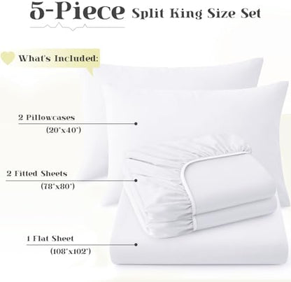 P Pothuiny 5-Piece Split King Sheets Set, White Soft Microfiber Fabric