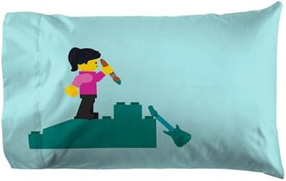 Jay Franco Kids Sheet Set with Fitted, Flat Sheets & Pillow Cover - Ultra-Soft Bedding with Pillowcase for Room Decor, Teal - LEGO®, 3 Piece Twin