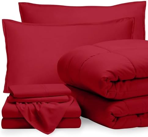 Bare Home Bed-in-A-Bag 7 Piece Comforter & Sheet Set - King - Goose Down Alternative - Ultra-Soft 1800 Premium - Bed Set (King, Red/Red)