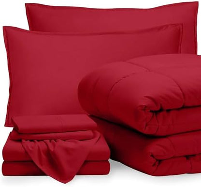 Bare Home Bed-in-A-Bag 7 Piece Comforter & Sheet Set - Queen - Goose Down Alternative - Ultra-Soft 1800 Premium - Bedding Set (Queen, Red/Red)