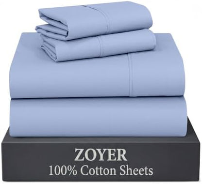 ZOYER 100% Cotton Sheets – Queen Size Percale Bedding, Cooling & Breathable, Durable with a Crisp, Soft & Comfortable Feel, 16" Deep Pocket, 4-Piece Set, Dusty Blue