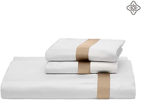 BIOWEAVES 100% Organic Cotton Banded Sheet Set, Soft Sateen Weave GOTS Certified with deep Pockets (King, White & Sand)