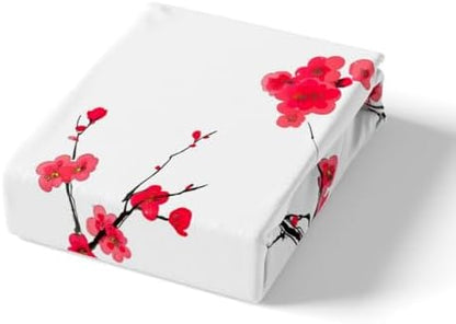 Feelyou Kids Cherry Blossoms Duvet Cover Queen Size Japanese Style Bedding Set Boys Girls Sakura Flower Comforter Cover Set Floral Botanical Branches Spring Bedspread Cover（No Comforter