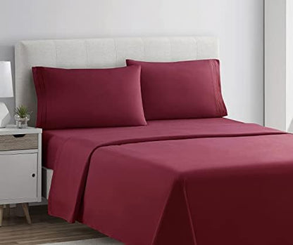 Clara Clark Bed Sheets, Premier 1800 Series 4 Piece Bed Sheet Set, Deep Pocket, Wrinkle, Fade, Stain Resistant, Luxury Soft Bedding Sheets & Pillowcases, Twin-XL, Burgundy Red