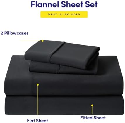 Flannel Sheets Warm and Cozy Deep Pocket Breathable All Season Bedding Set with Fitted, Flat and Pillowcases, Full, Black