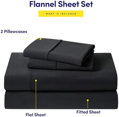 Flannel Sheets Warm and Cozy Deep Pocket Breathable All Season Bedding Set with Fitted, Flat and Pillowcases, King, Black