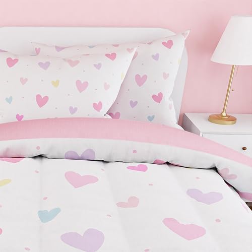 SANDJEST Heart Comforter Set Full Size 98x86in for Kids Girls, Microfiber 4 Pcs Bedding Set Includes 1 Comforter, 2 Pillowcases, 1 Fitted Sheet, Nursery Room Decor