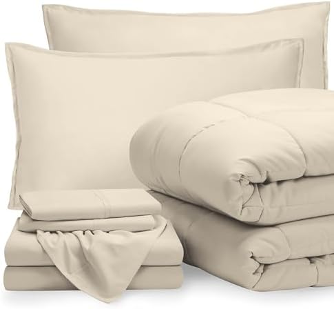 Bare Home Bed-in-A-Bag 7 Piece Comforter & Sheet Set - King - Goose Down Alternative - Ultra-Soft 1800 Premium - Bed Set (King, Sand/Sand)