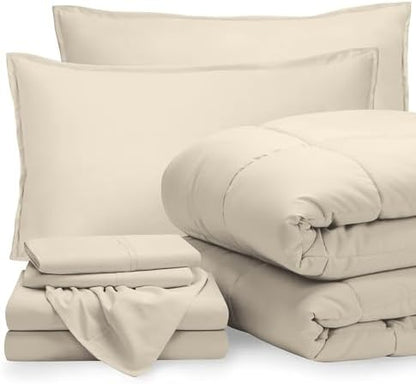 Bare Home Bed-in-A-Bag 7 Piece Comforter & Sheet Set - Queen - Goose Down Alternative - Ultra-Soft 1800 Premium - Bedding Set (Queen, Sand/Sand)