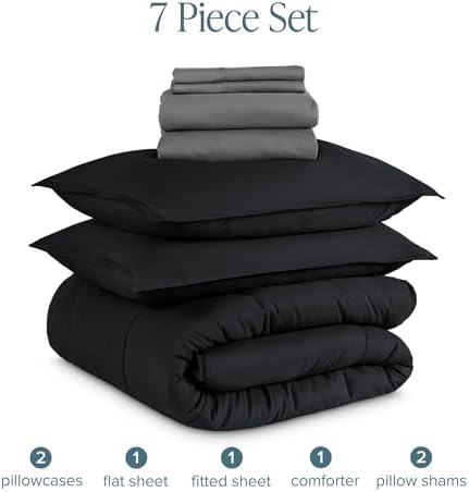 Bare Home Bed-in-A-Bag 7 Piece Comforter & Sheet Set - Queen - Goose Down Alternative - Ultra-Soft 1800 Premium Bedding Set (Queen, Black/Grey)