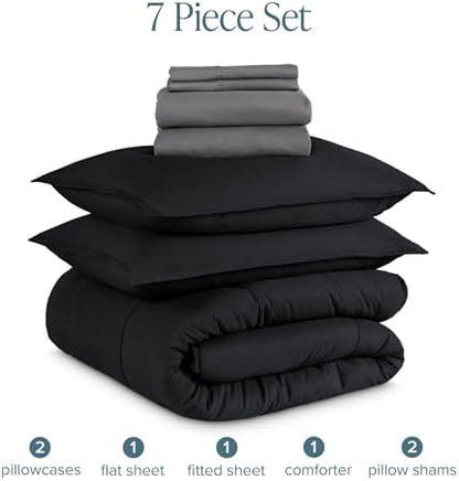 Bare Home Bed-in-A-Bag 7 Piece Comforter & Sheet Set - Queen - Goose Down Alternative - Ultra-Soft 1800 Premium Bedding Set (Queen, Black/Grey)