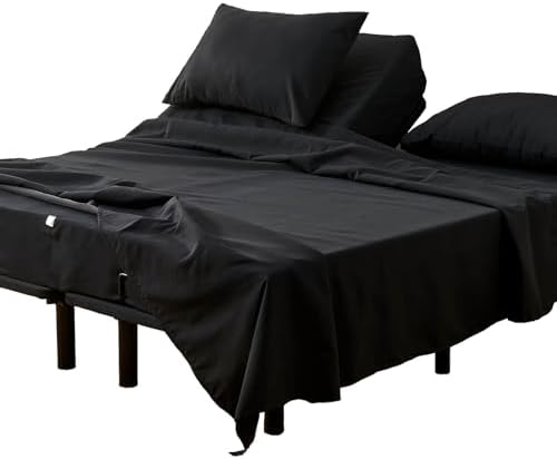 Kingnex 32-34 Split Top King Sheets Sets for Adjustable Bed with Straps Soft 1800 Microfiber Breathable 4 Pcs Flex Head King Bedding Set Black