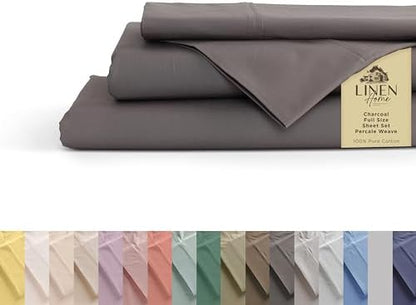 Linen Home Full Size 100% Cotton Percale Sheets, 4 Pc Cooling Set Charcoal