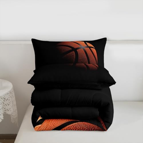 Castle Fairy Basketball Print Black and Orange Comforter Set Twin Size for Children,Teens Boys Kids Sports Bedding Set,Basketball Comforter Set 2 Pieces with 1 Pillowcases Quilt Set,Sport Style