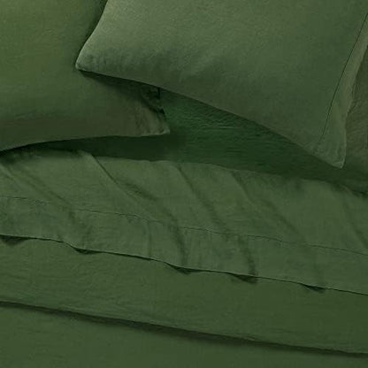 Sijo Stone Washed Organic French Linen Bed Sheet Set, GOTS Certified Organic, Best Cooling Linen Sheet Award by Sleep Foundation, 1 Flat Sheet Only (Forest, Full/Queen)