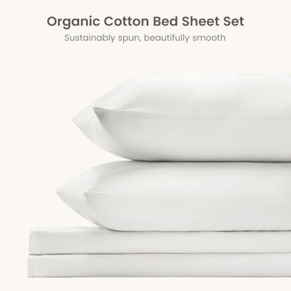 BIOWEAVES 100% Organic Cotton Sheets, 300 Thread Count 4-Piece GOTS Certified Bed Sheet Set Fits Mattress Upto 17" Deep Pocket, Soft & Silky Sateen Weave (Full, White)