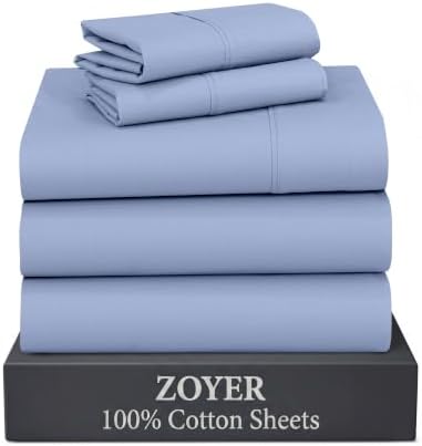 ZOYER 100% Cotton Sheets – Split King Size Percale Bedding, Cooling & Breathable, Durable with a Crisp, Soft & Comfortable Feel, 16" Deep Pocket, 5-Piece Set, Dusty Blue