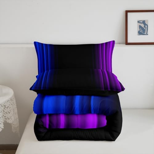 Feelyou Teens Abstract Ombre Decorations Bedding Set for Kids Women Blue Purple and Black Comforter Set Geometric Modern Quilt Set Room 3Pcs Queen Size