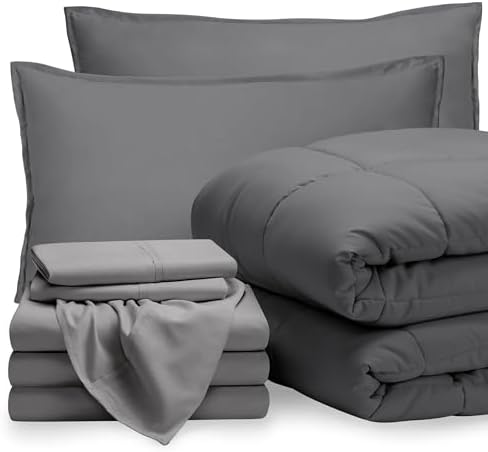 Bare Home Bed-in-A-Bag 8 Piece Comforter & Sheet Set - Split King - Goose Down Alternative - Ultra-Soft 1800 Premium Bedding Set (Split King, Grey/Light Grey)
