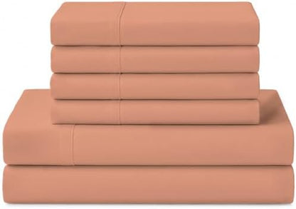 Linen Home 100% Cotton Percale Sheets California King Size, Tera Clay, Deep Pocket, 6 Pieces Set- 1 Flat, 1 Fitted and 4 Pillowcases, Crisp Cool and Long Staple Strong Bed Linen