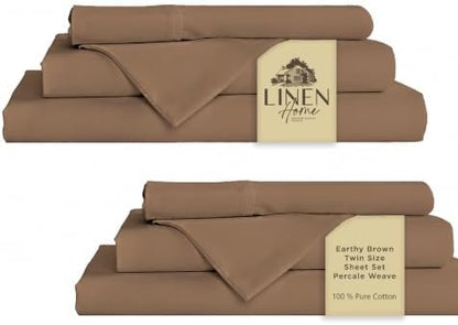 Linen Home 100% Cotton Percale Sheets Twin Size Pack of 2, Earthy Brown, Deep Pocket, 6 Pieces Set- 2 Flat, 2 Fitted and 2 Pillowcases, Crisp Cool and Long Staple Strong Bed Linen