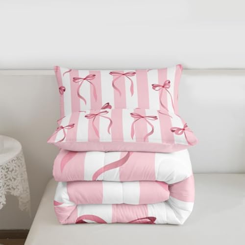 jejeloiu Girls Pink Bow Comforter Set All Season Cute Bowknot Bedding Set with 2 Pillow Cases Bow Microfiber Kids King Bedclothes Bedroom Decor Duvet Quilt Breathable Soft Lightweight