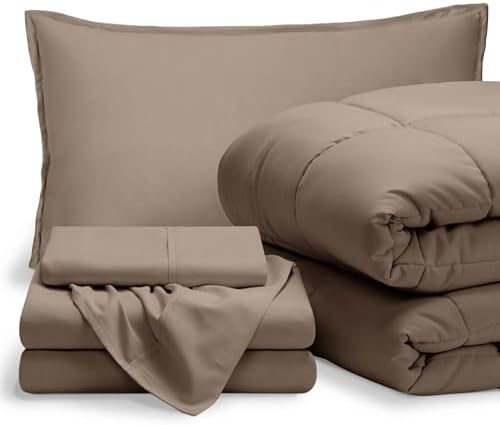 Bare Home Bed-in-A-Bag 5 Piece Comforter & Sheet Set - Twin - Goose Down Alternative - Ultra-Soft 1800 Premium Bed Set (Twin, Taupe/Taupe)