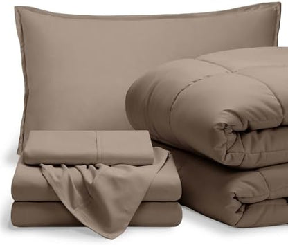 Bare Home Bed-in-A-Bag 5 Piece Comforter & Sheet Set - Twin - Goose Down Alternative - Ultra-Soft 1800 Premium Bed Set (Twin, Taupe/Taupe)