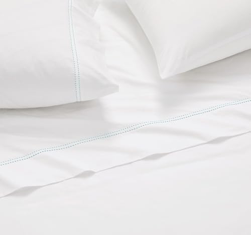 SCOUT 100% Cotton 200 Thread Count Percale Pick Stitch White/Seafoam 5-Piece Split King Sheet Set, Solid Themed, Adult Bedding, Oeko-TEX Certified