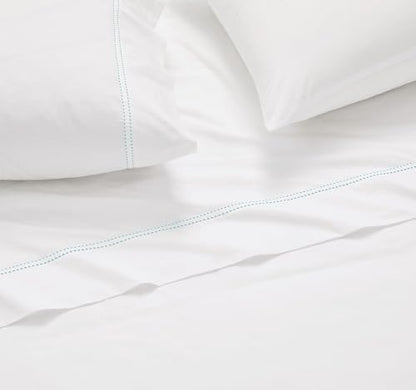 SCOUT 100% Cotton 200 Thread Count Percale Pick Stitch White/Seafoam 5-Piece Split King Sheet Set, Solid Themed, Adult Bedding, Oeko-TEX Certified