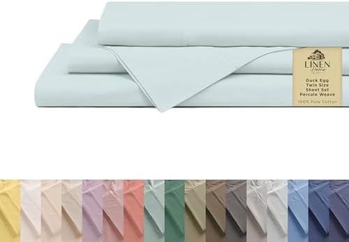 Linen Home 3 Piece Twin Size 100% Cotton Percale Sheet Set, Blue Duck Egg