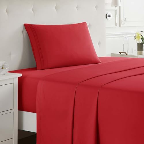 Clara Clark Twin XL Sheets Set, Deep Pocket Bed Sheets for Twin XL Size Bed - 3 Piece Sheets, Luxury Soft Bedding Sheets & Pillowcases, Cherry Red