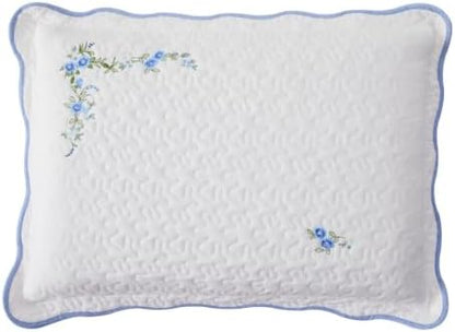 100% Cotton Full Size Quilt Set – 3-Piece Lightweight Bedspread Coverlet with Embroidery, All-Season Bohemian Bedding Set for Master Bedroom Guest Room White with Blue Embroidery