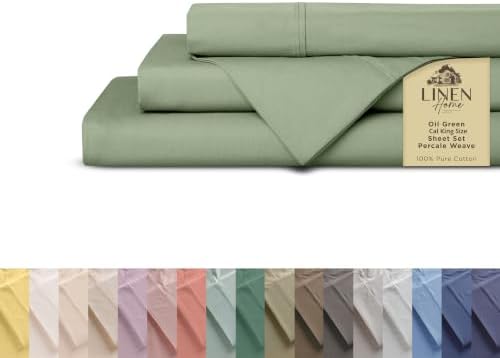 Linen Home 100% Cotton Percale Cal King Sheets 4Pc Cooling Set, Oil Green