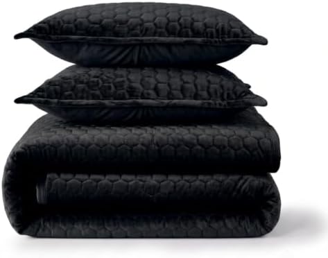Tribeca Living Lugano Oversized Velvet Quilt Set - All Season, Extra Large, 3 Piece King Size Comforter Set with 2 Pillow Shams in Black Honeycomb Pattern 260GSM