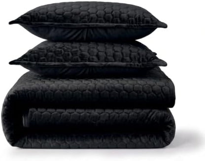 Tribeca Living Lugano Oversized Velvet Quilt Set - All Season, Extra Large, 3 Piece King Size Comforter Set with 2 Pillow Shams in Black Honeycomb Pattern 260GSM