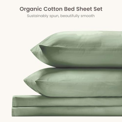 BIOWEAVES 100% Organic Cotton Sheets, 300 Thread Count 4-Piece GOTS Certified Bed Sheet Set Fits Mattress Upto 17" Deep Pocket, Soft & Silky Sateen Weave (Queen, Basil)