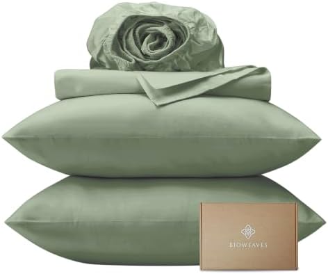 BIOWEAVES 100% Organic Cotton Sheets, 300 Thread Count 4-Piece GOTS Certified Bed Sheet Set Fits Mattress Upto 17" Deep Pocket, Soft & Silky Sateen Weave (Queen, Basil)