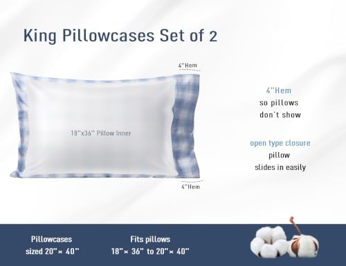 Pillow Cases 100% Cotton Percale King Size Set of 2, Blue Plaid
