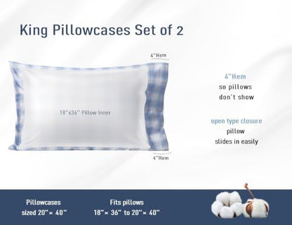 Pillow Cases 100% Cotton Percale King Size Set of 2, Blue Plaid