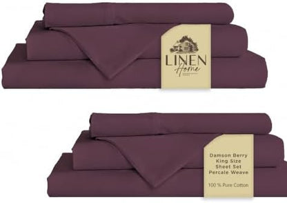 Linen Home 2-Pack King Sheet Set, 100% Cotton Percale Bedding, 8-Piece Value Bundle, Deep Pocket Cooling Bed Sheets for Hot Sleepers, Breathable & Crisp Hotel Quality, Long-Staple Cotton, Damson Berry